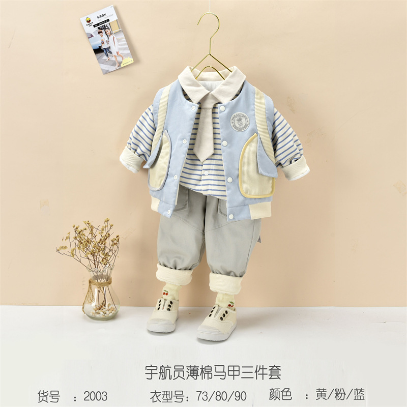 New infant and toddler thin cotton vest three-piece set, thin cotton outwear, baby cotton jacket plus cotton outer vest three-piece set pic 1
