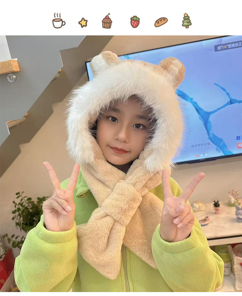 2024 Winter hats for girls: Cartoon plush scarf hat, one-piece hat with fleece, warm, comfortable and windproof Lei Feng hat pic 3