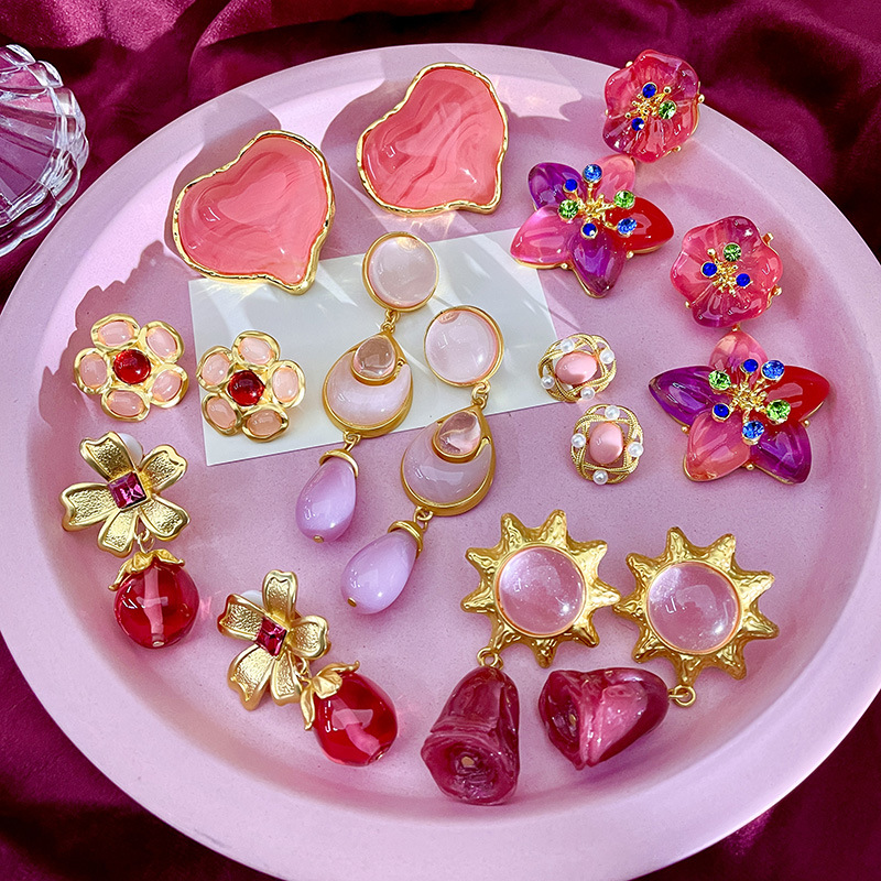 法式复古少女耳钉气质中古vintage粉色小众设计感耳环女复古耳饰详情3