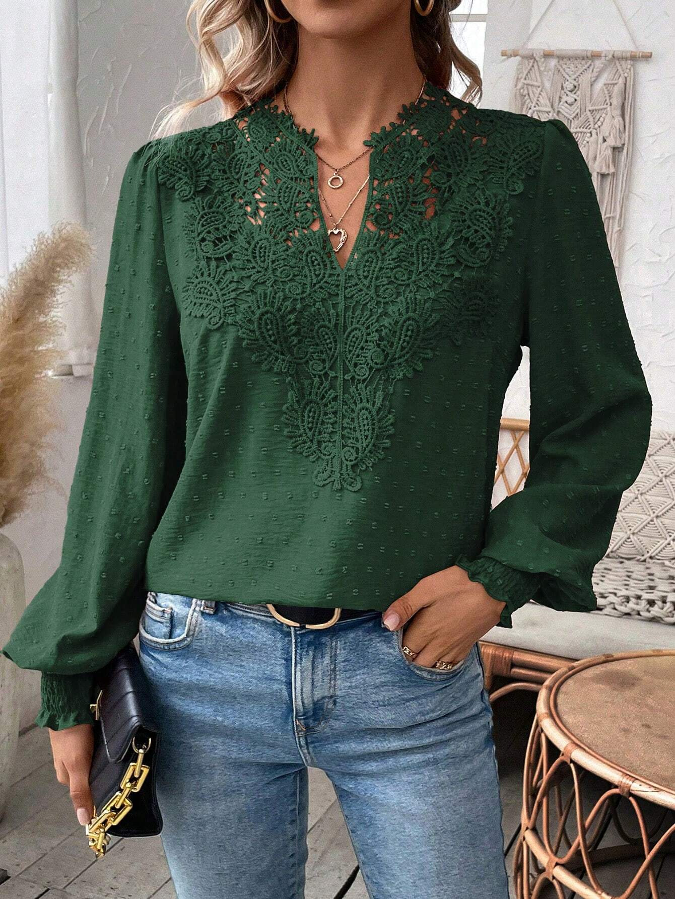 The new autumn and winter fashion V-neck lace solid color long-sleeved casual T-shirt for women on Amazon Cross-border in Europe and America in 2024 pic 33