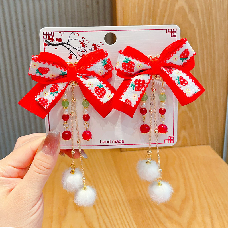 新年款红色古风流苏发夹儿童汉服发卡头饰女童复古蝴蝶结发夹发饰详情38