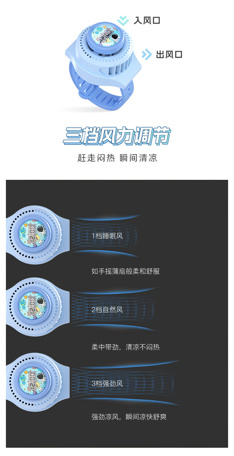 2023新款电子手表儿童风扇时间显示计时USB无叶静音卡通亲肤户外详情4