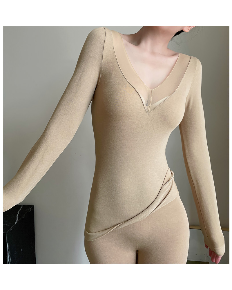 秋衣秋裤女薄款套装保暖内衣女不加绒蕾丝低胸单层性感打底线衣裤详情4