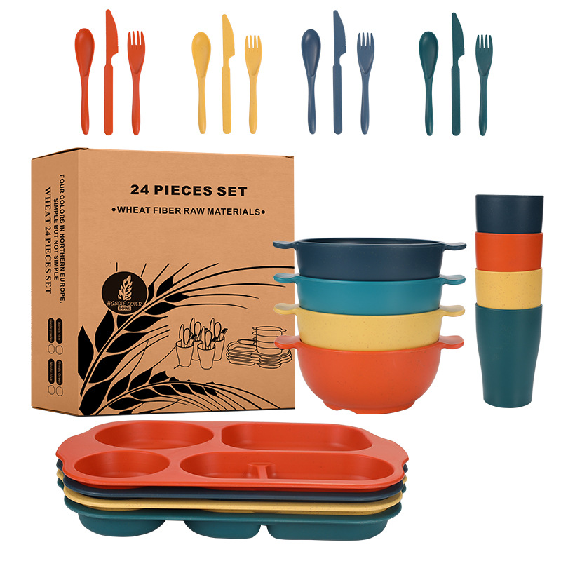 Cross-border Amazon black wheat straw 8-person set of bowls, plates, cups, tableware, knives, forks, spoons, portable tableware, outdoor set pic 2