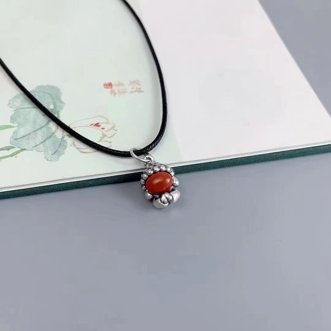 S99足银南红玛瑙小佛手工3D银配件diy手链项链穿手绳送黑皮绳详情12