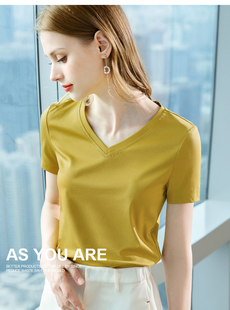 冰感丝光棉短袖t恤女2024新款女装气质v领纯棉体恤纯色高级感上衣详情34