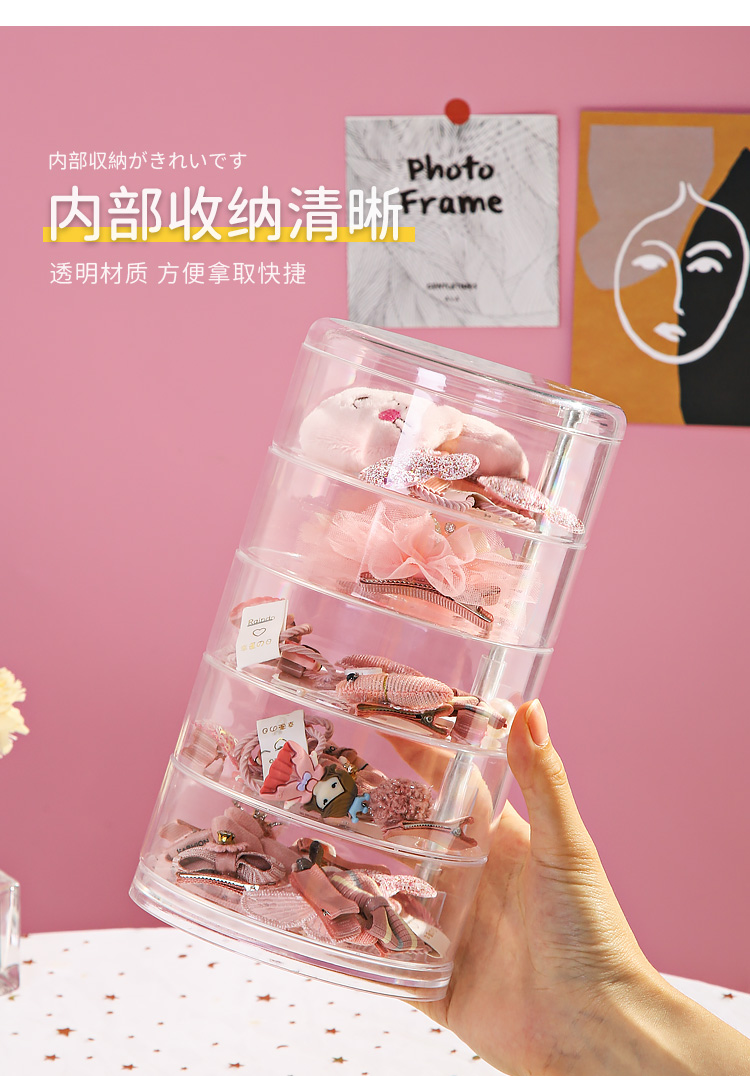 头饰发夹收纳盒儿童公主女孩卡梳妆整理可爱旋转耳钉环透明首饰盒详情5