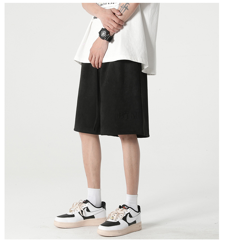 休闲短裤男生夏季新款麂皮绒宽松弹力五分裤美式钢印直筒运动裤子 pic 9