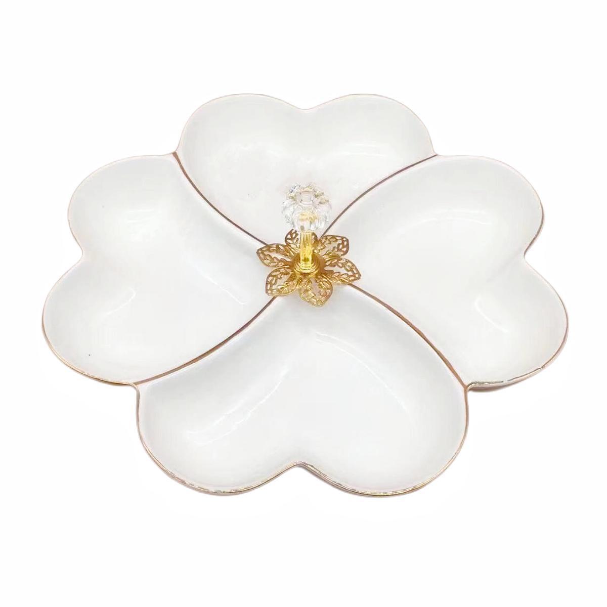A pure white petal-shaped fruit platter with electroplated gold and multiple compartments, a hand-held restaurant banquet food platter pic 17