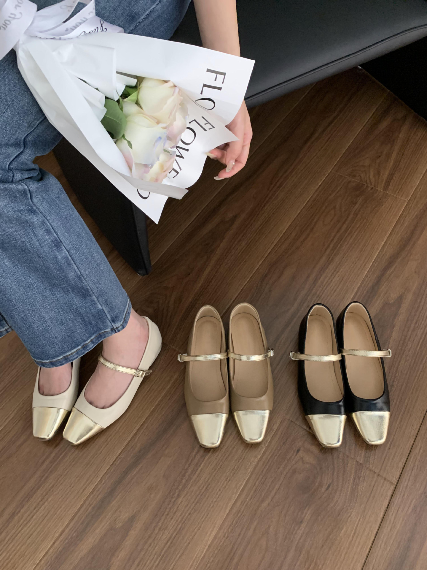 2023新款时尚方头全包百搭高跟鞋女法式拼色小香风平底玛丽珍鞋女详情5