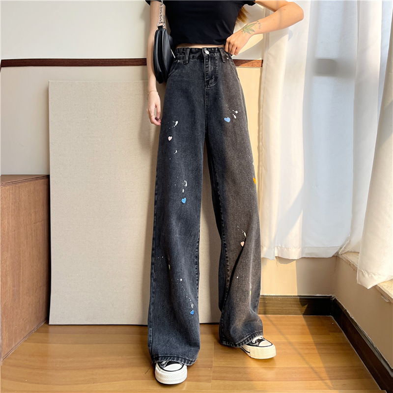 The new Korean style high-waisted straight-leg loose, slimming, wide-leg black floor-length jeans for women in spring and summer are trendy pic 4