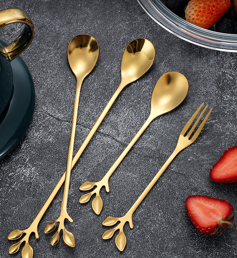 不锈钢创意高颜值树叶勺叉调羹咖啡勺家用餐勺长柄搅拌勺甜品叉子详情12