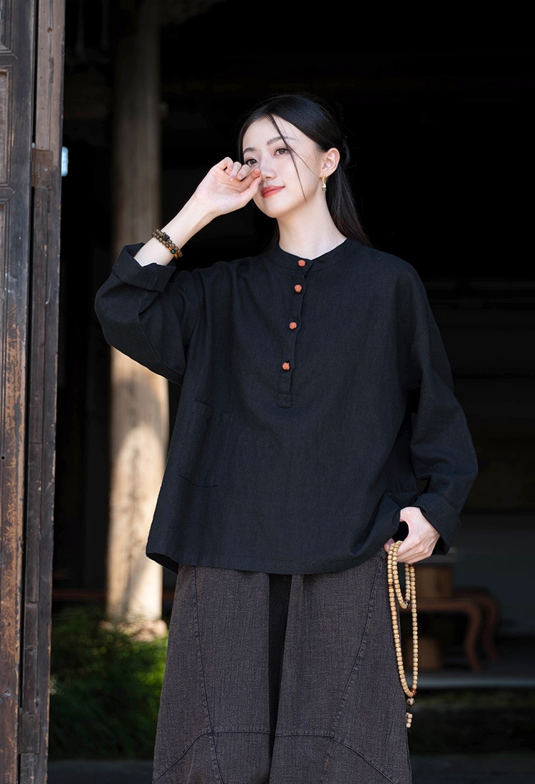 2024春夏棉麻女装新品亚麻立领拼色盘扣套头大码上衣女式棉麻衬衫详情24