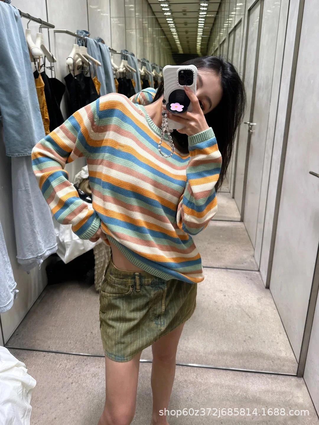 2024早秋新款北欧小众设计简约条纹拼接针织长袖百搭休闲套头毛衣详情4