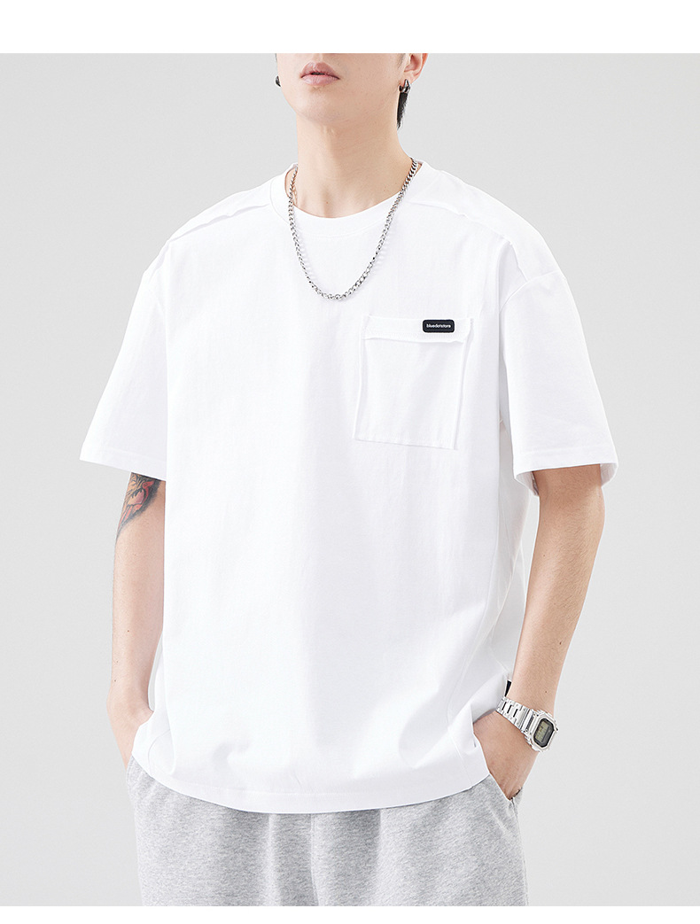 古川男装|日系复古拼接全棉短袖男士宽松大码简约纯色百搭体恤男详情13