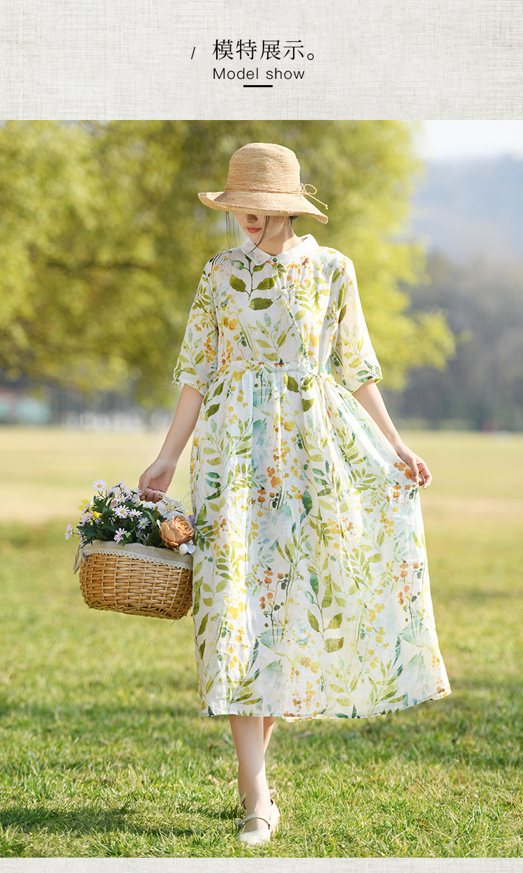 新中式棉麻女装2023春夏季新款碎花连衣裙女翻领显瘦女士苎麻长裙详情16