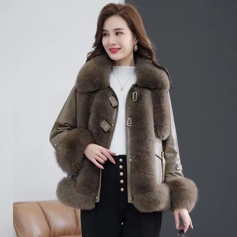 New Haining faux fox fur coat for women, short faux leather jacket, faux sheepskin and faux down jacket pic 2