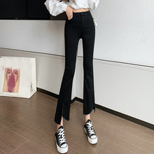 现货新款2022春季百搭女装富贵缎微喇裤开叉打底裤小黑裤产地货源详情3