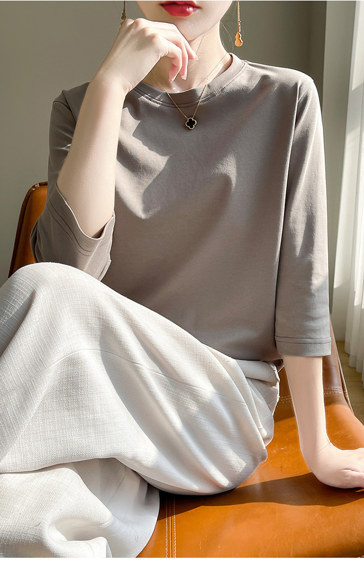 圆领丝光棉七分袖t恤女2024春夏新款气质百搭棉线打底衫半袖女详情14