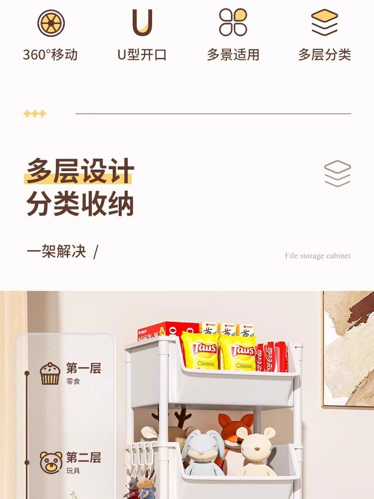 书架可移动置物架落地儿童玩具收纳架子厨房家用零食小推车储物柜详情4