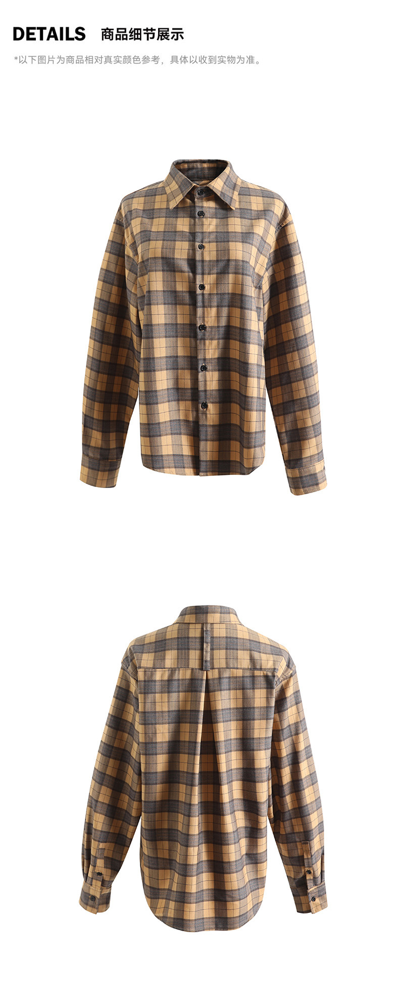 New retro plaid loose off-the-shoulder plaid long-sleeved shirt, yellow lapel plaid casual shirt for women 4415 pic 5