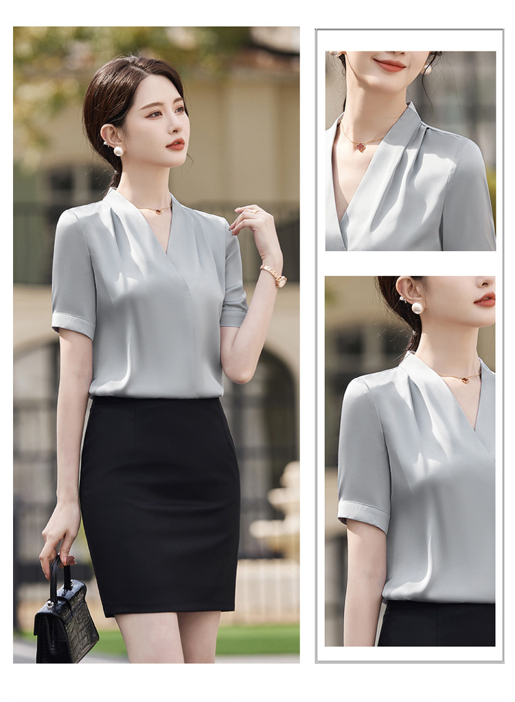 V短袖衬衫接待珠宝店会美容师女职业装套装夏季衬衣工作制服前台详情19