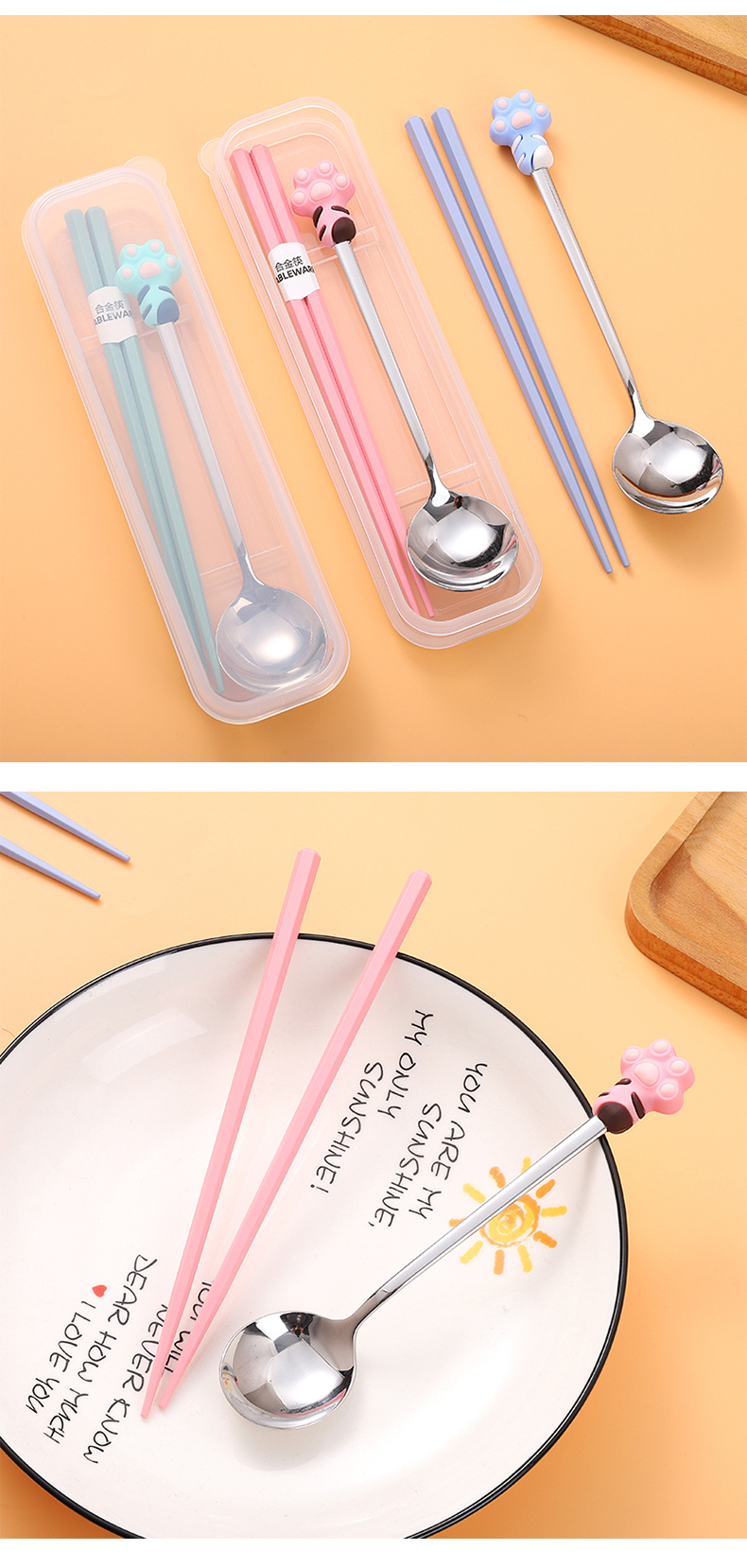 Cartoon boxing cute claw spoon and chopsticks two-piece set, adorable and girlish stainless steel spoon and alloy chopsticks tableware set pic 9