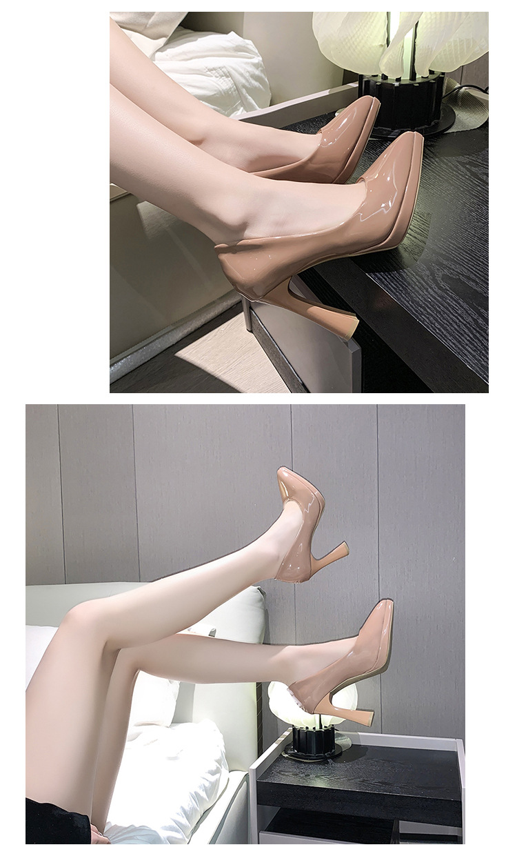 Pointed-toe nude high heels for women, 2023 new style, simple, fashionable and versatile, patent leather shallow toe square heel single shoe pic 18