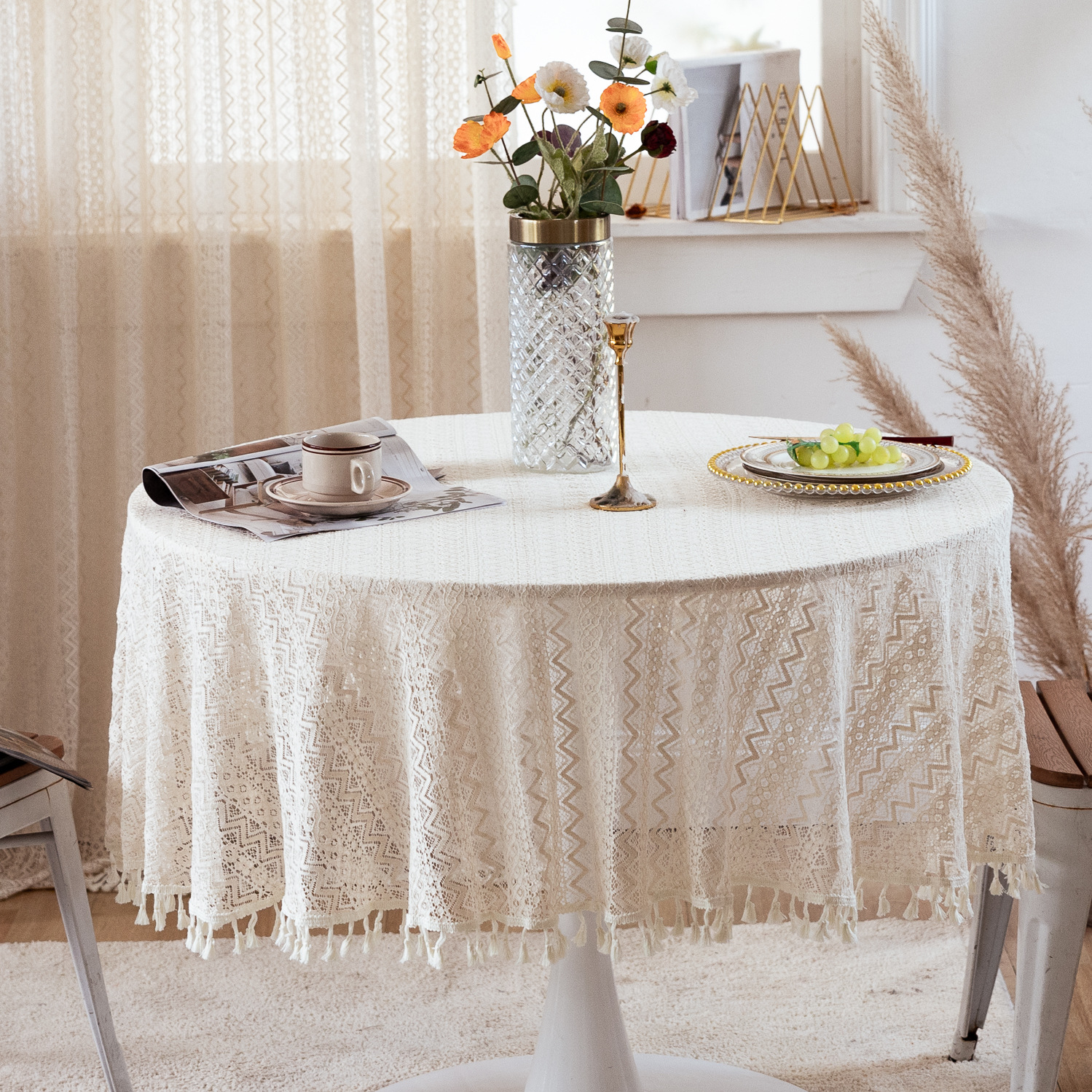 National trend retro hollowed-out lace cover fabric, ins style rectangular white country tablecloth, round table and small round tablecloth pic 15
