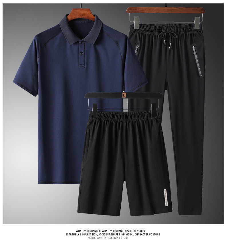 夏季冰丝短袖t恤男速干三件套装中老年薄款中年爸爸休闲运动套装详情10