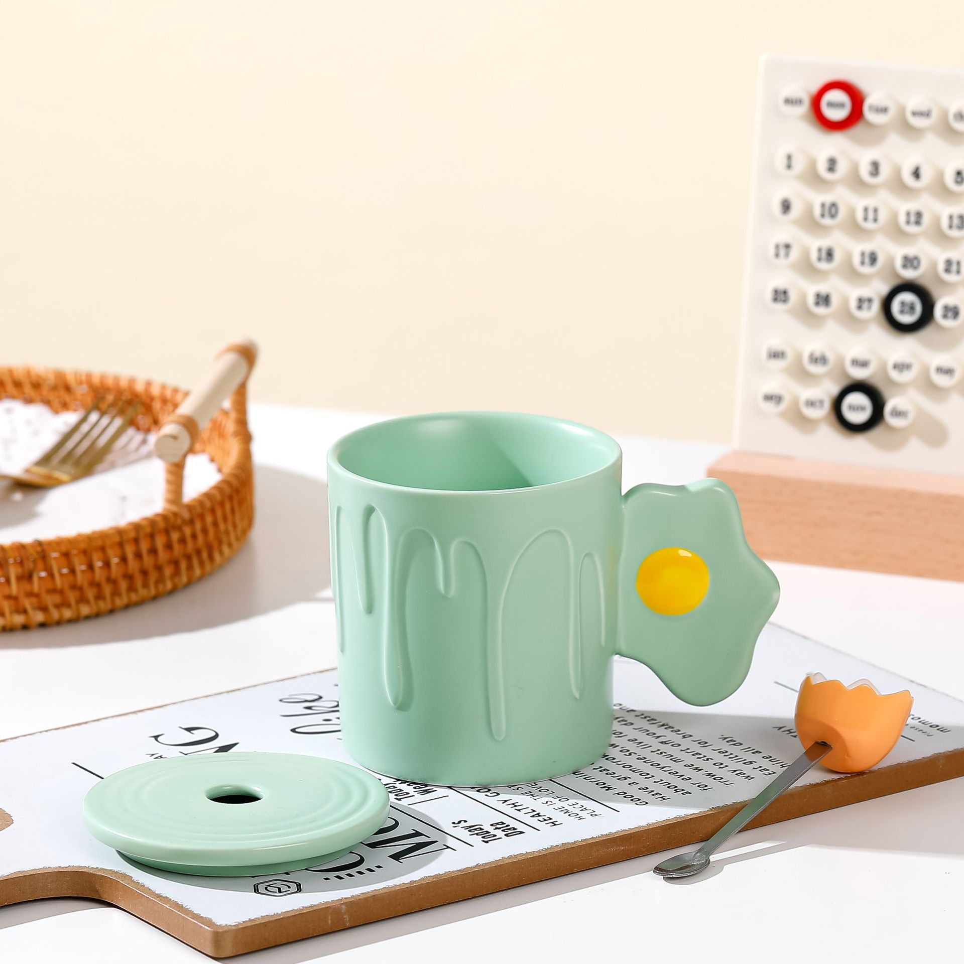 Home student ins cute cartoon macaron-colored ceramic Morandi egg mark drinking cup with lid and spoon pic 7