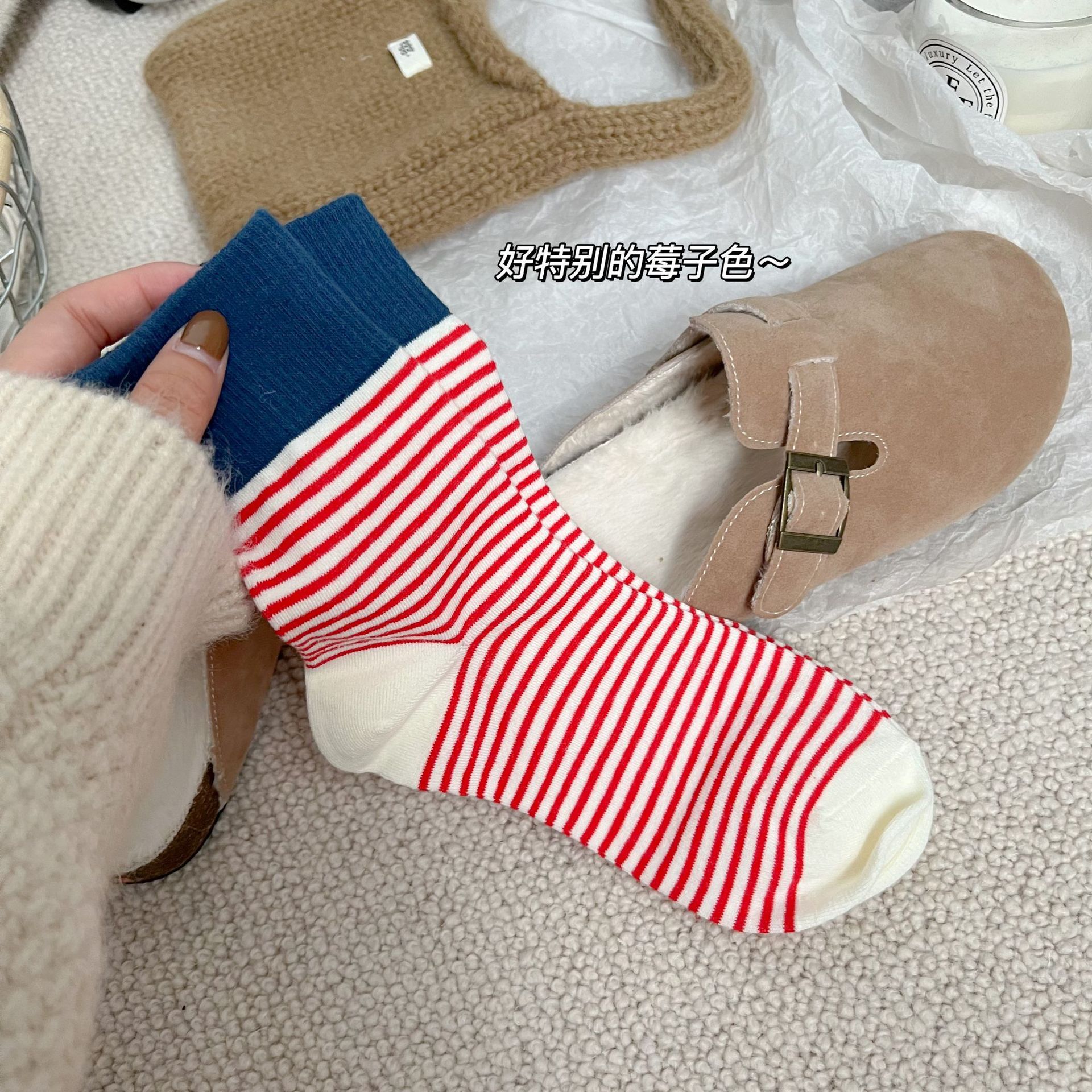 美拉德ins东大门撞色罗口条纹袜秋冬季堆堆袜休闲中筒袜女生袜子详情16