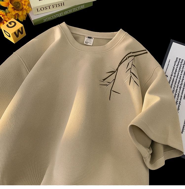 国潮华夫格新中式短袖t恤男士夏季国风高街潮牌复古体恤宽松休闲上衣 pic 24