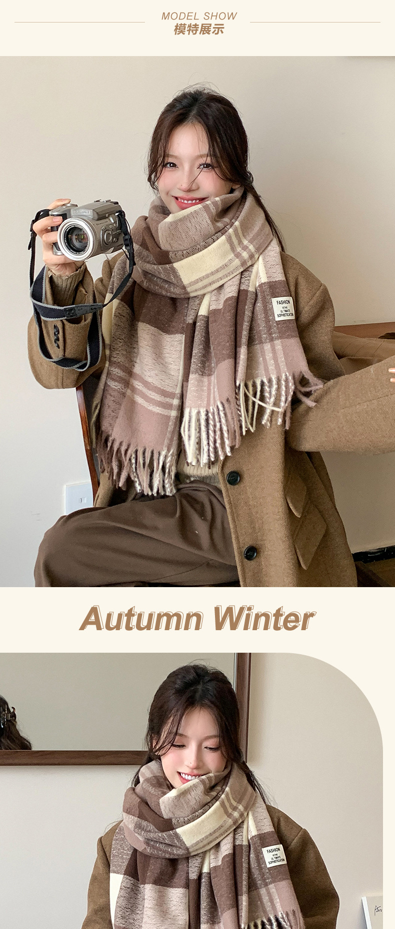 Wholesale of new autumn/Winter 2024 faux cashmere scarves for women, thick and warm outerwear with shawls, and simple student checkered scarves pic 10