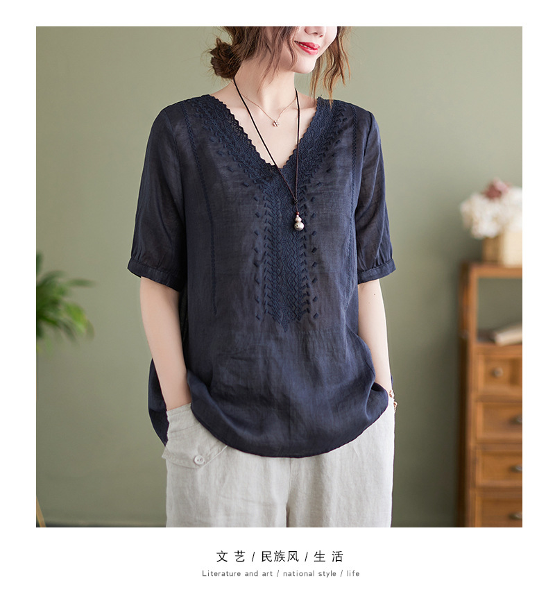 实拍2022年夏季薄款棉麻文艺复古刺绣宽松显瘦短袖上衣T恤衫女详情27
