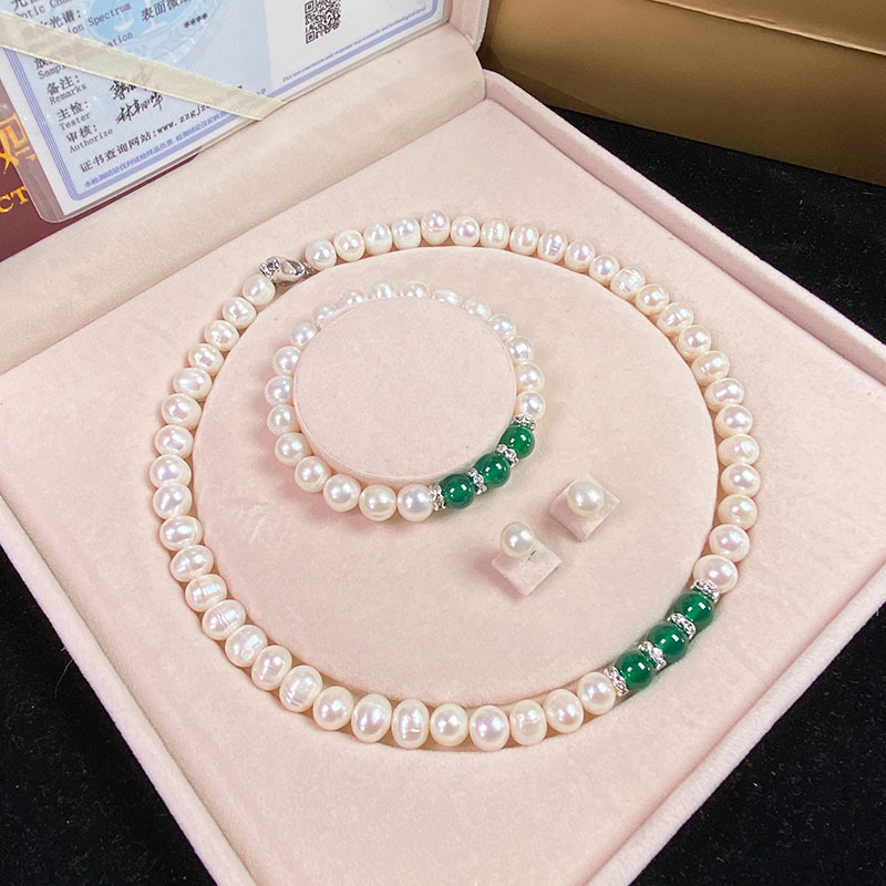 天然淡水珍珠项链绿玉髓吊坠白珍珠手链套装送妈妈婆婆母亲节批发详情32