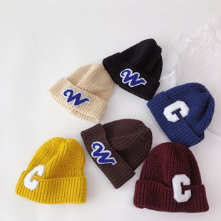 New versatile and in-stock autumn and winter tie-dyed patchwork letter monochrome warm knitted woolen caps for boys, girls, children and toddlers pic 1