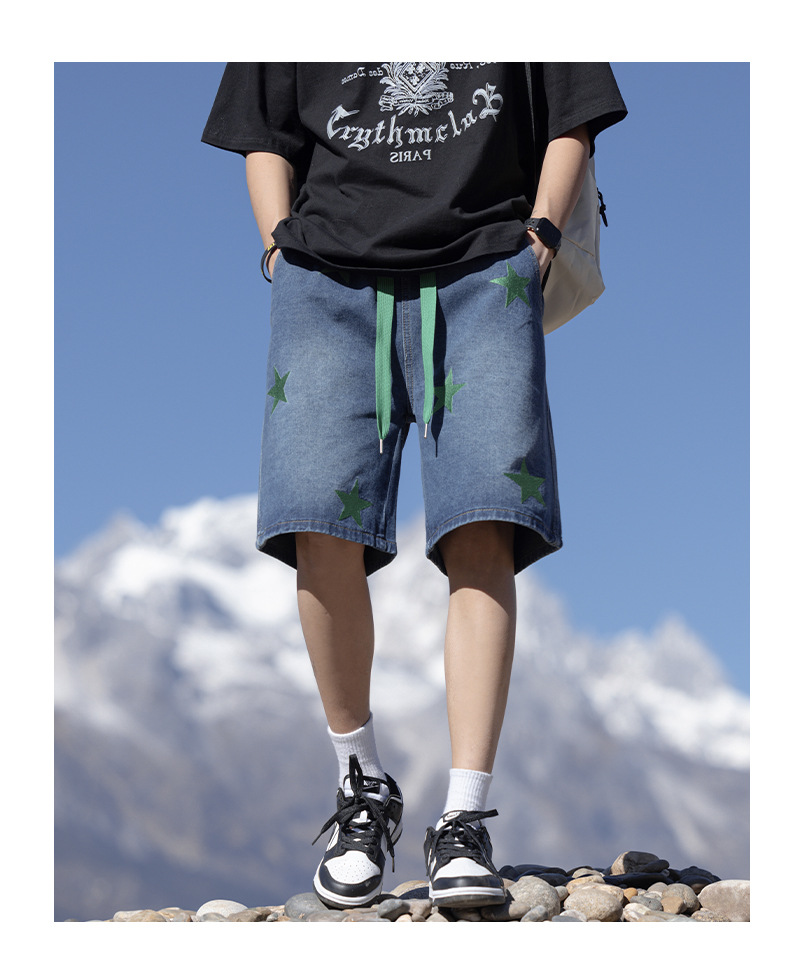 2024夏季新款牛仔短裤男浅蓝色松紧腰休闲裤潮牌百搭学生运动裤子详情25