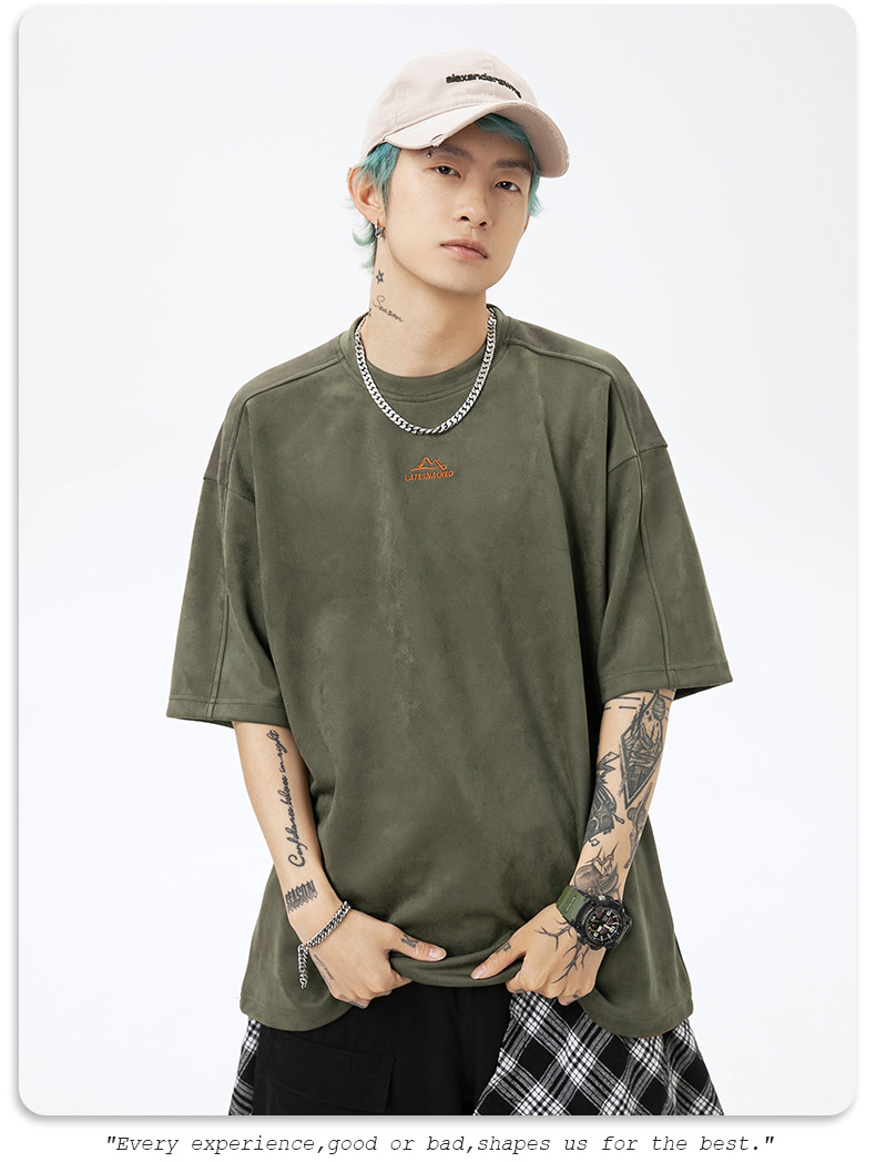 韩路男装 麂皮绒美式圆领T恤男女款夏季宽松质感刺绣潮牌短袖体恤详情16