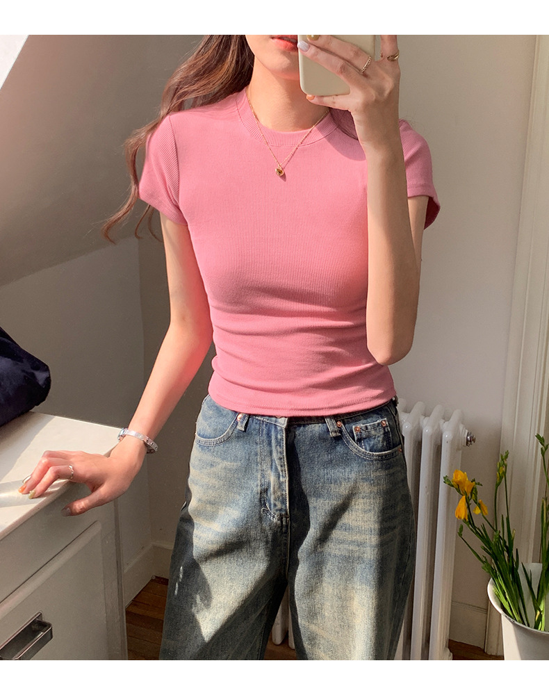 European and American style ribbed off-the-shoulder T-shirt for women, new summer style, slimming and figure-hugging, round-neck, layering short base layer pic 6