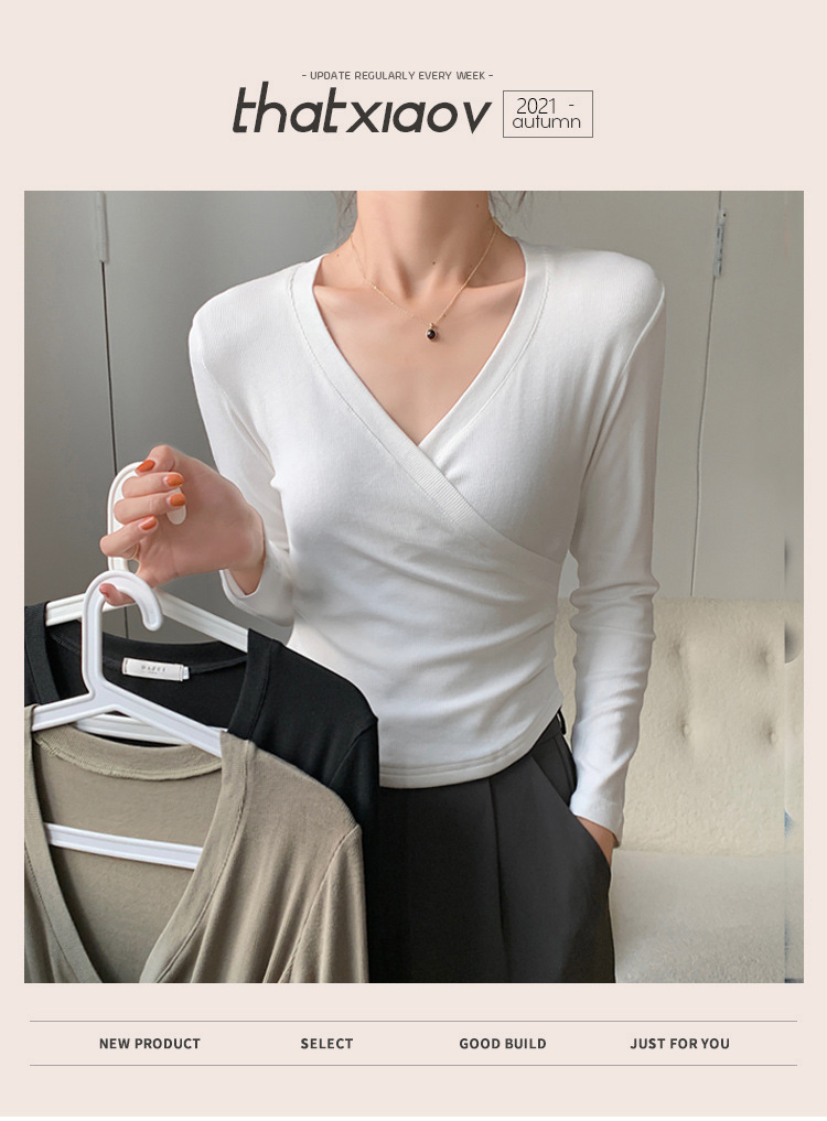 A new French cross-V-neck top for women, featuring a versatile Korean long-sleeved T-shirt with a unique design sense pic 1
