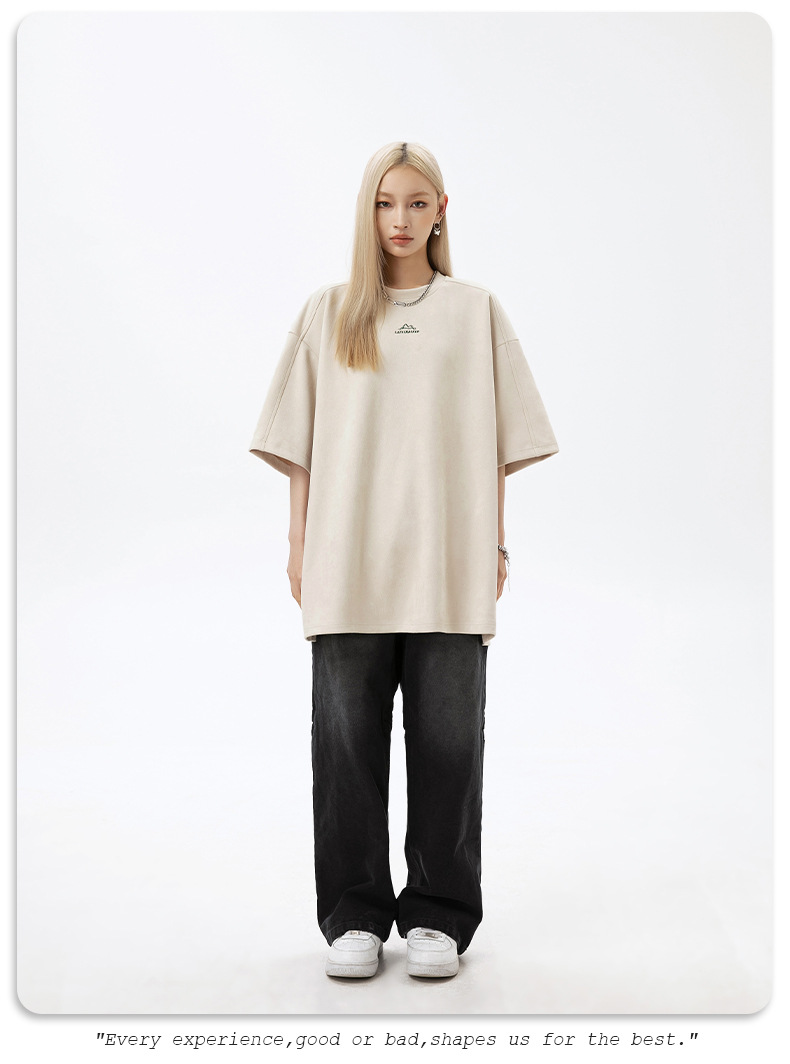 韩路男装 麂皮绒美式圆领T恤男女款夏季宽松质感刺绣潮牌短袖体恤详情14