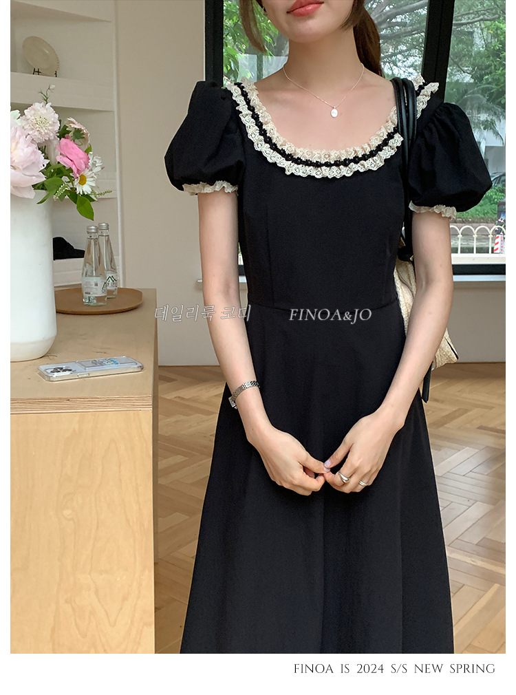 费挪 OLIVE十三行春夏新品法式优雅气质黑色蕾丝花边连衣裙2166详情8