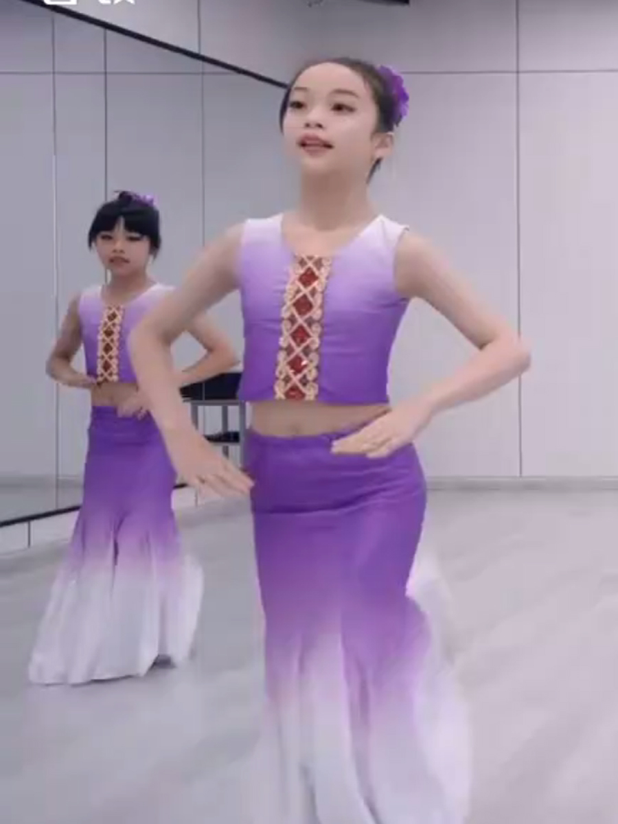 儿童傣族花儿舞蹈演出服装孔雀舞表演服艺考渐变修身鱼尾裙女童详情53