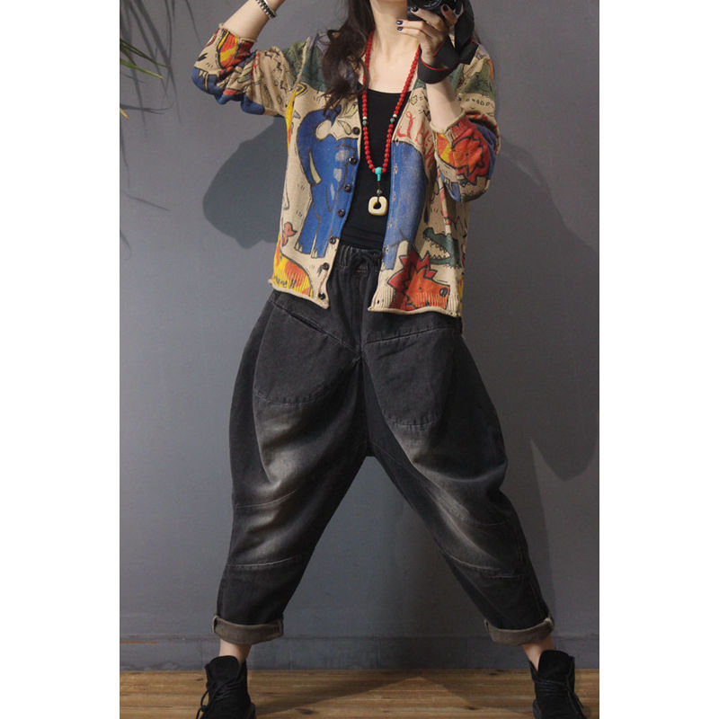 Spring 2021 new printed knitted cardigan for women, retro ethnic style, loose, large-sized, slimming long-sleeved top pic 18