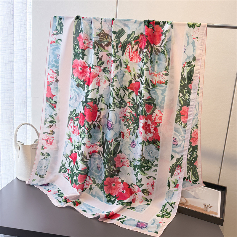 韩版薄款印花仿真丝丽锦缎防晒多彩花卉丝巾长巾披肩百搭头巾围巾详情8