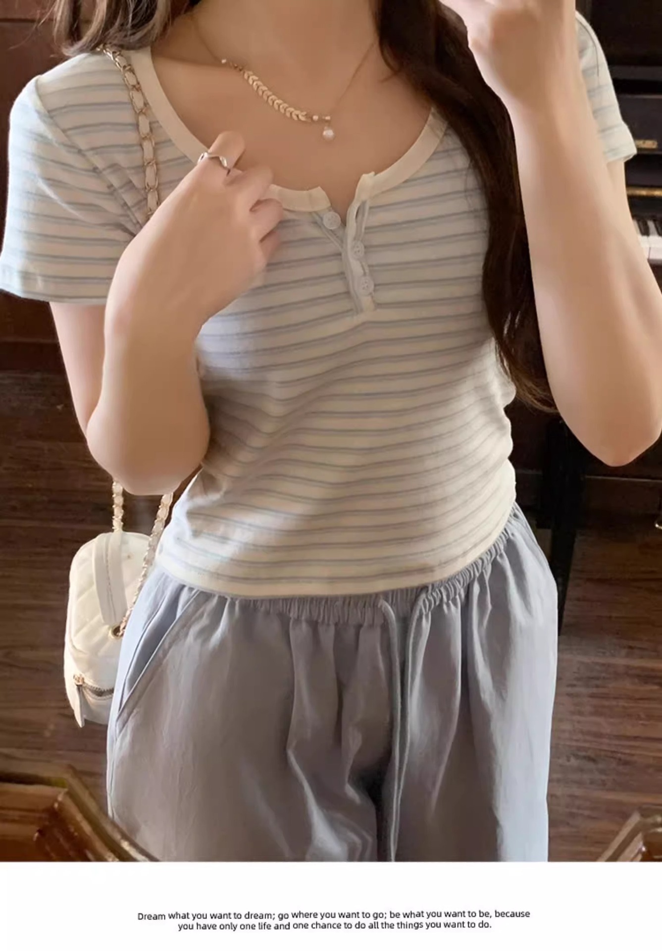蓝白条纹短袖正肩女t恤春夏2025新款chic小众设计感修身短款上衣详情11
