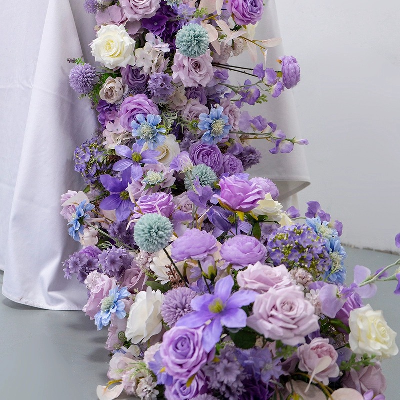 跨境粉色紫色长条桌花花艺 酒店婚礼宴会节日橱窗装饰假花仿真花详情3