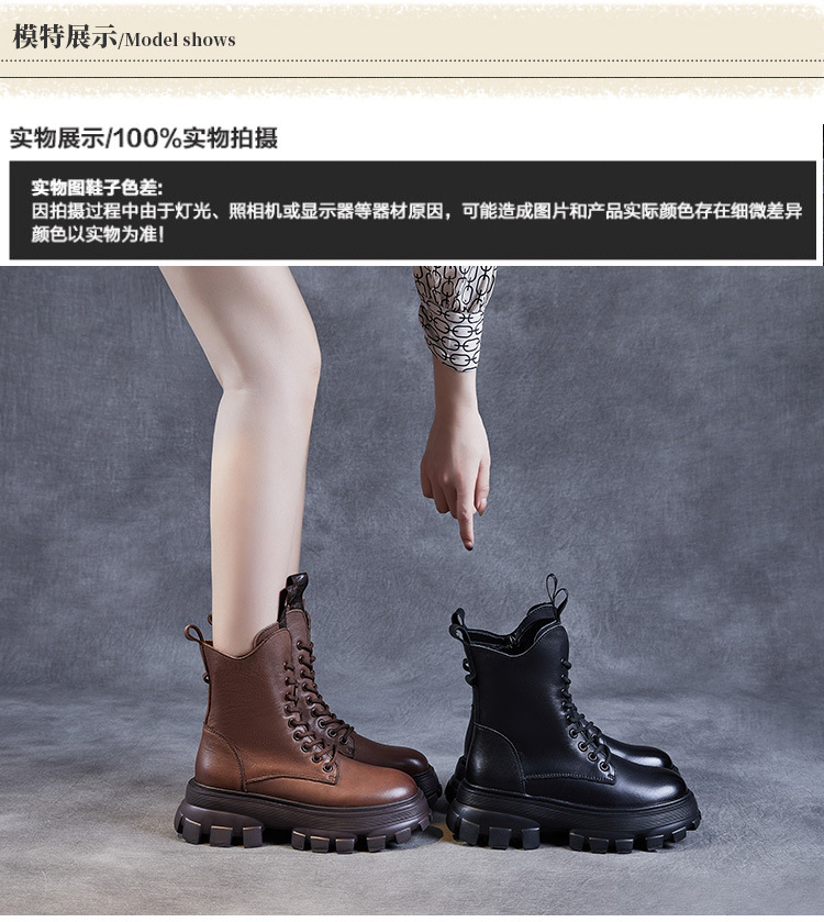 2023秋冬新款高帮纯色复古民族风松糕鞋绑带女士皮靴拉链马丁靴详情4