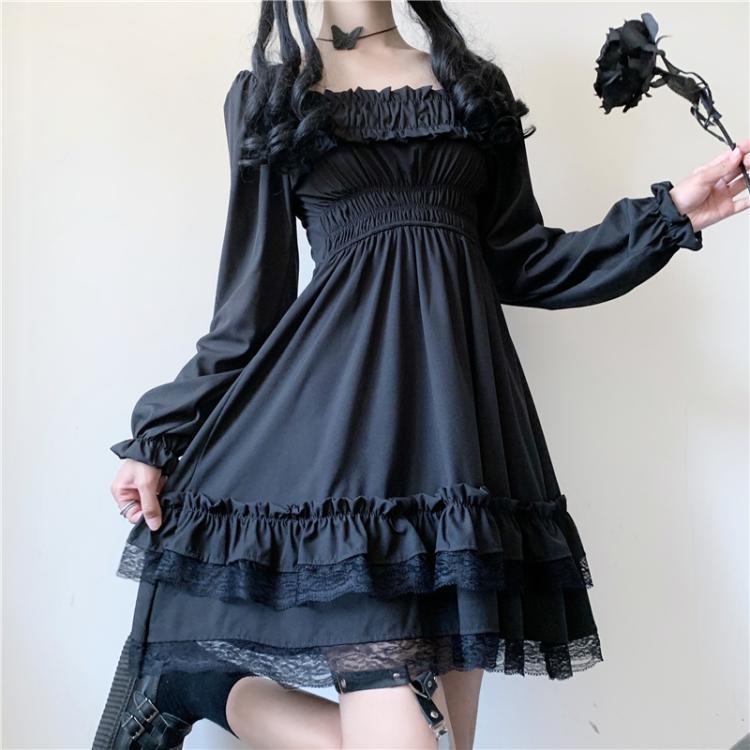 韩风chic复古暗黑系少女宽松蕾丝花边显瘦方领长袖泡泡袖连衣裙女详情6